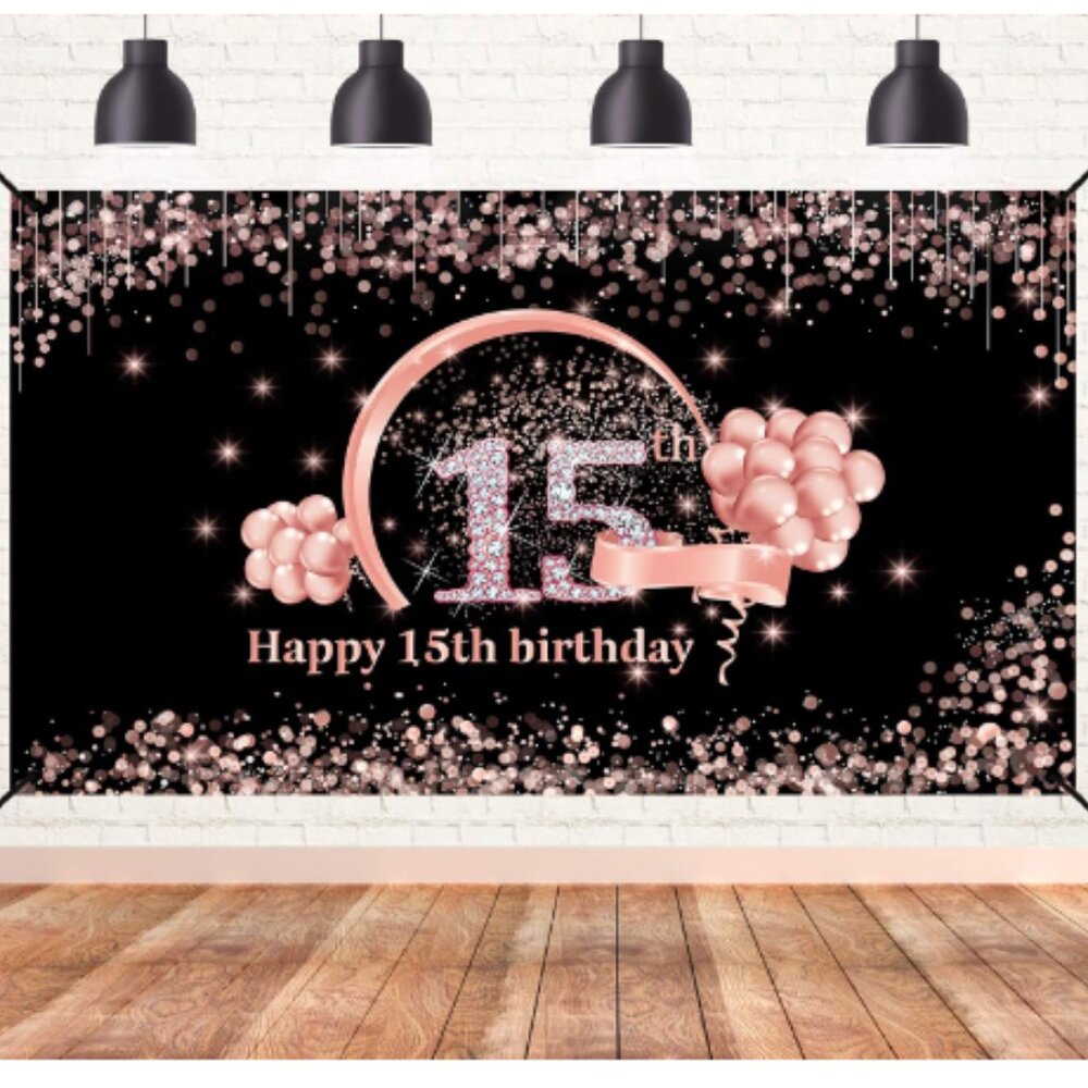 15th Birthday Party Banner Photo Backdrop Rose Gold Tiara Sash Crown Pink Black